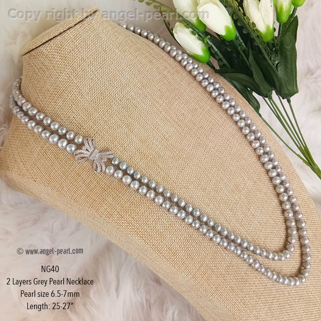 สร้อยคอไข่มุกแท้ สีเทา 2 สาย ยาว 25-27