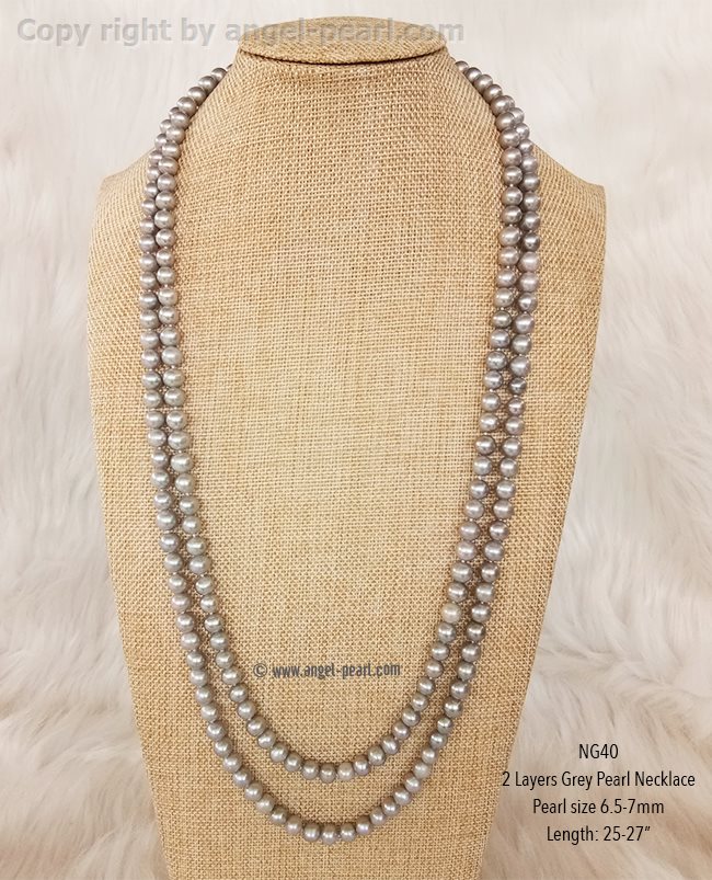สร้อยคอไข่มุกแท้ สีเทา 2 สาย ยาว 25-27
