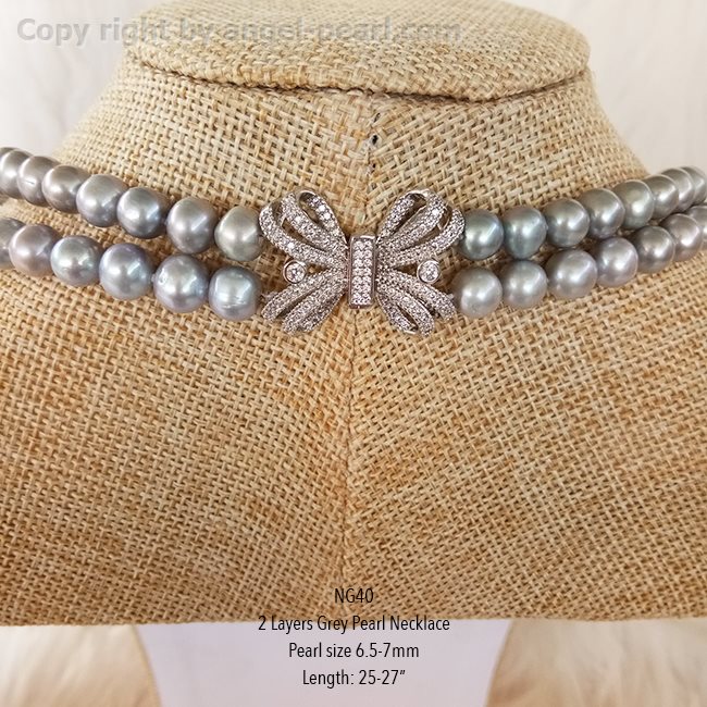 สร้อยคอไข่มุกแท้ สีเทา 2 สาย ยาว 25-27
