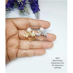[RS242] แหวนไข่มุกแท้สีขาวนวล กลมสนิท 7mm ดีไซน์ผีเสื้อสวย, AAA