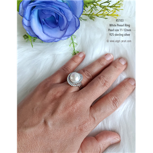 [RS103] แหวนไข่มุกแท้สีขาวล้อมเพชรสวย มุกขนาดใหญ่ 11-12mm