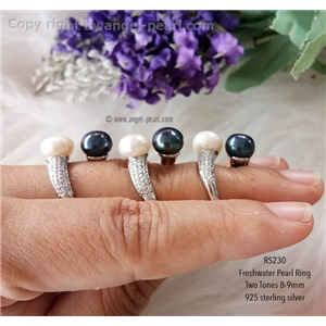 [RS230] แหวนไข่มุกแท้ Two Tone เม็ดคู่ 8-9mm ดีไซน์สวย