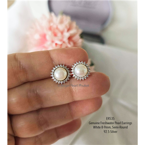 [ER535] ต่างหูไข่มุกแท้สีขาวทานตะวัน 8-9mm ล้อมเพชร CZ เงินแท้