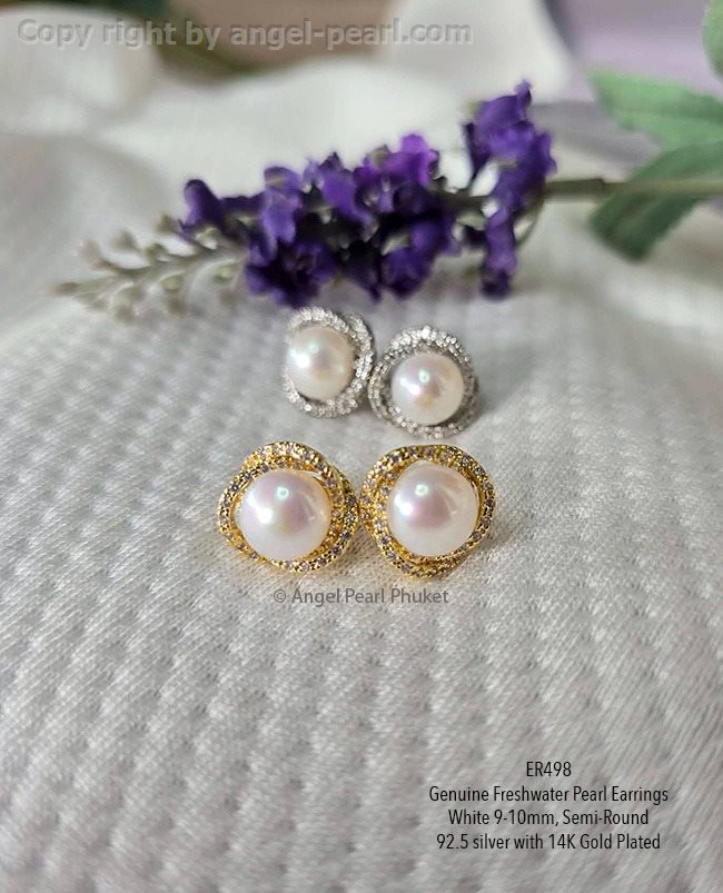 ต่างหูไข่มุกแท้สีขาว 9-10mm มะลิซ้อนฝังเพชรสุดหรู