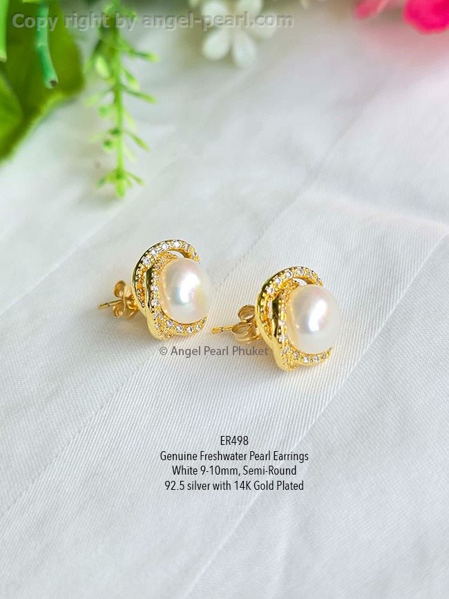 ต่างหูไข่มุกแท้สีขาว 9-10mm มะลิซ้อนฝังเพชรสุดหรู