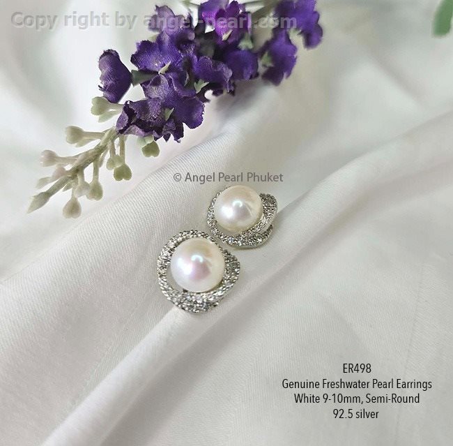 ต่างหูไข่มุกแท้สีขาว 9-10mm มะลิซ้อนฝังเพชรสุดหรู