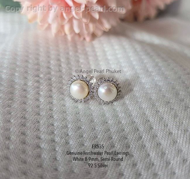 ต่างหูไข่มุกแท้สีขาวทานตะวัน 8-9mm ล้อมเพชร CZ เงินแท้