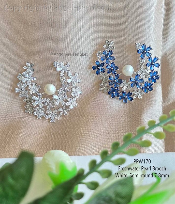 เข็มกลัดไข่มุกแท้สีขาว สวนดอกไม้สวย