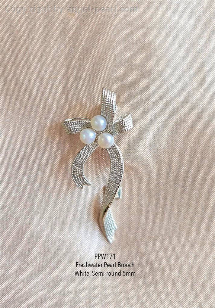 เข็มกลัดไข่มุกแท้สีขาว 5mm ช่อโบว์ยาว 