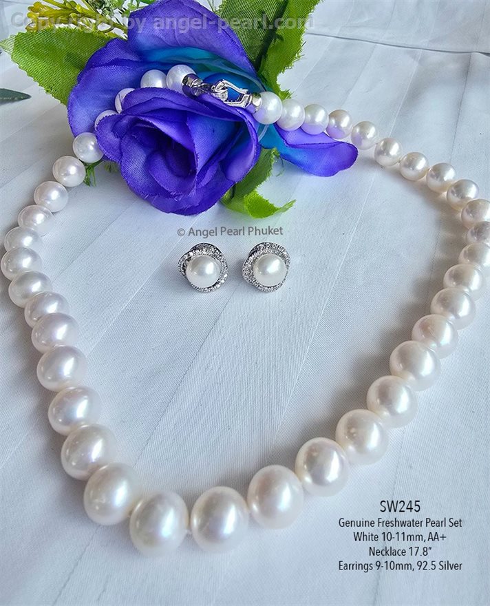 ชุดเครื่องประดับไข่มุกแท้ภูเก็ตสีขาว เม็ดใหญ่ 10-11mm