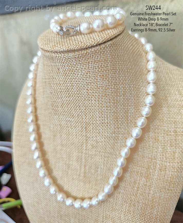 ชุดเครื่องประดับไข่มุกแท้ภูเก็ตสีขาว ทรงหยดน้ำ 8-9mm